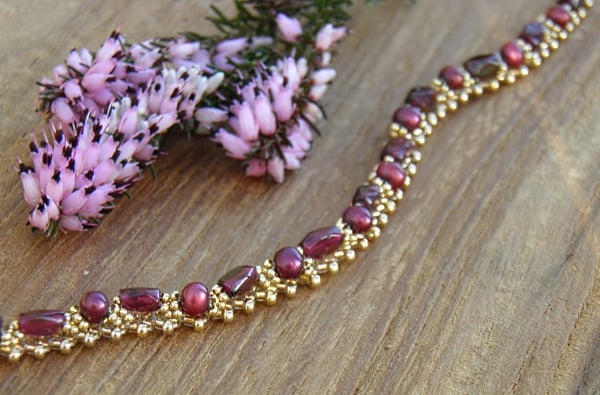 Garnet and Freshwater Pearl Bracelet with 24k Gold Seed Beads