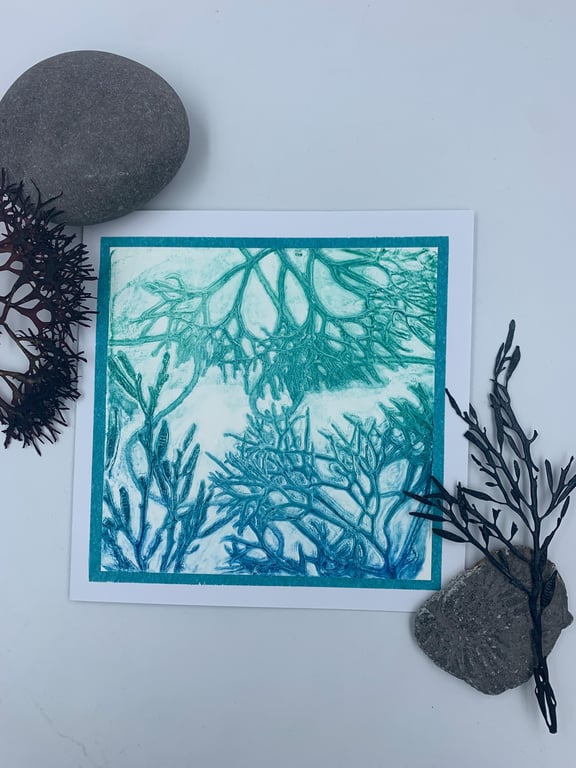 Original gelli print seaweed greetings card.