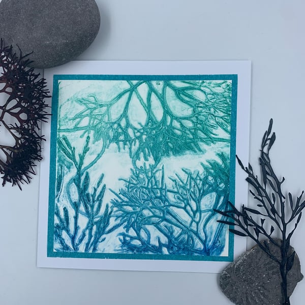 Original gelli print seaweed greetings card.