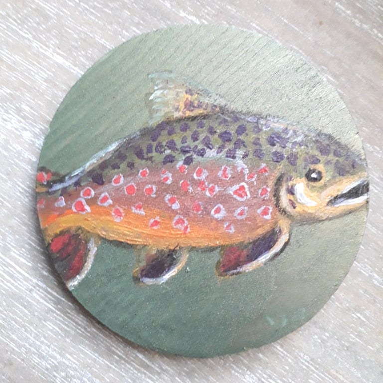 Wooden Coaster handpainted with a Brown Trout.  