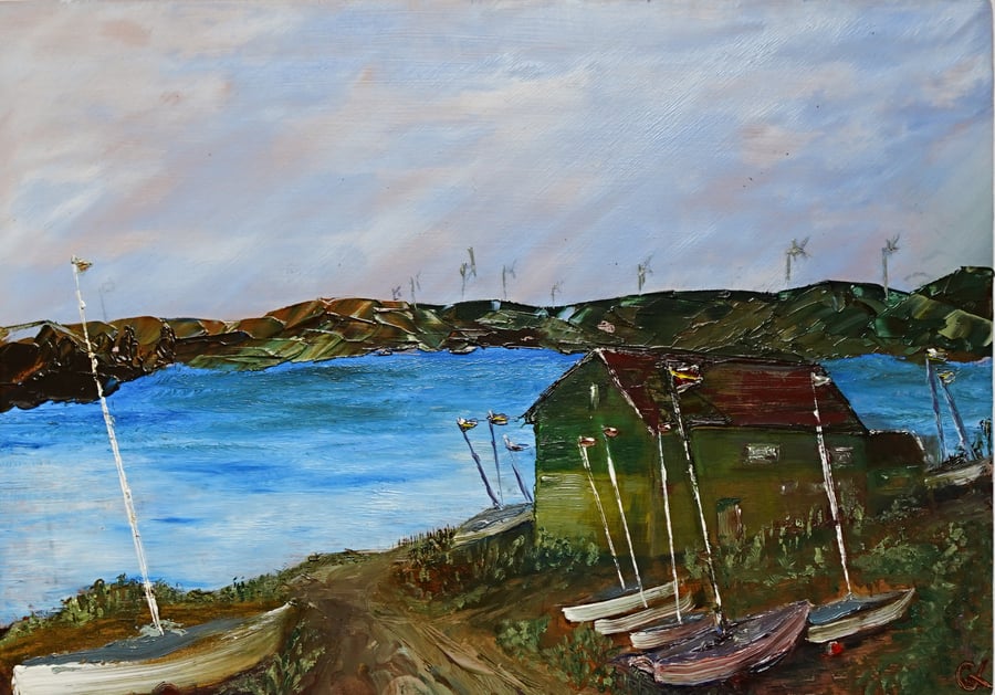 'Llyn Brenig Boat House', original oil painting on wood panel 12x17in (30x43cm)