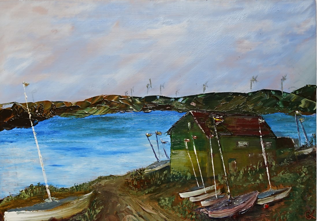 'Llyn Brenig Boat House', original oil painting on wood panel 12x17in (30x43cm)