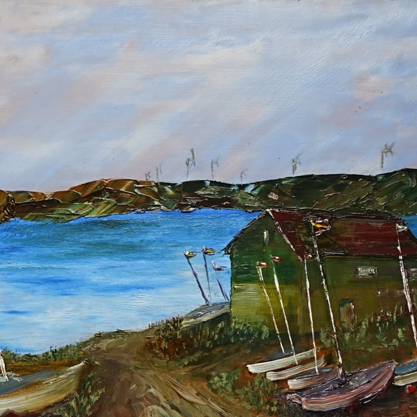 'Llyn Brenig Boat House', original oil painting on wood panel 12x17in (30x43cm)