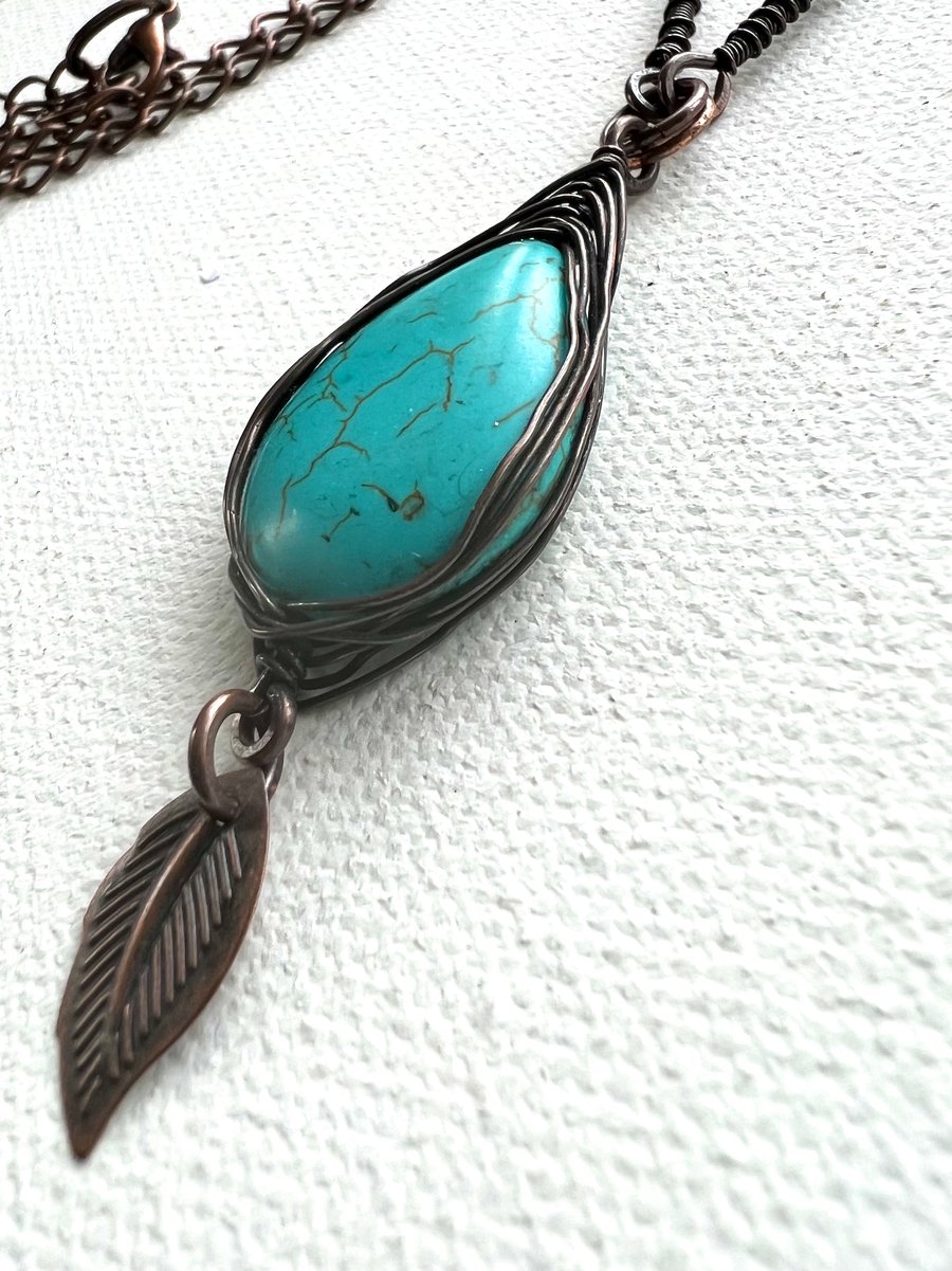 Wire Wrapped Pendant Necklace in Oxidised Copper and Turquoise