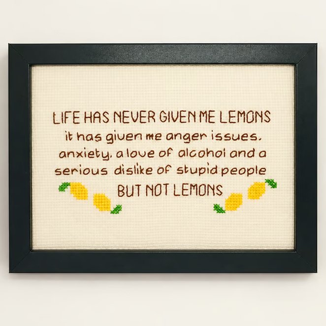 Framed Handmade Cross Stitch – Life Has Never Given Me Lemons 