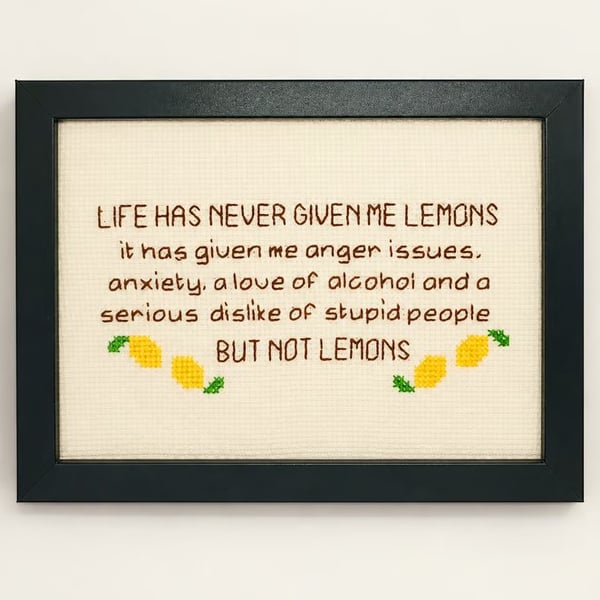 Framed Handmade Cross Stitch – Life Has Never Given Me Lemons 
