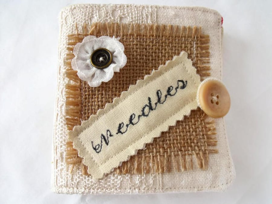 hessian and linen sewing needle case book, cream and red