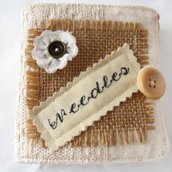hessian and linen sewing needle case book, cream and red
