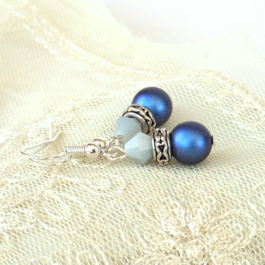 Swarovski® crystal pearl earrings, with deep blue pearls and blue crystal