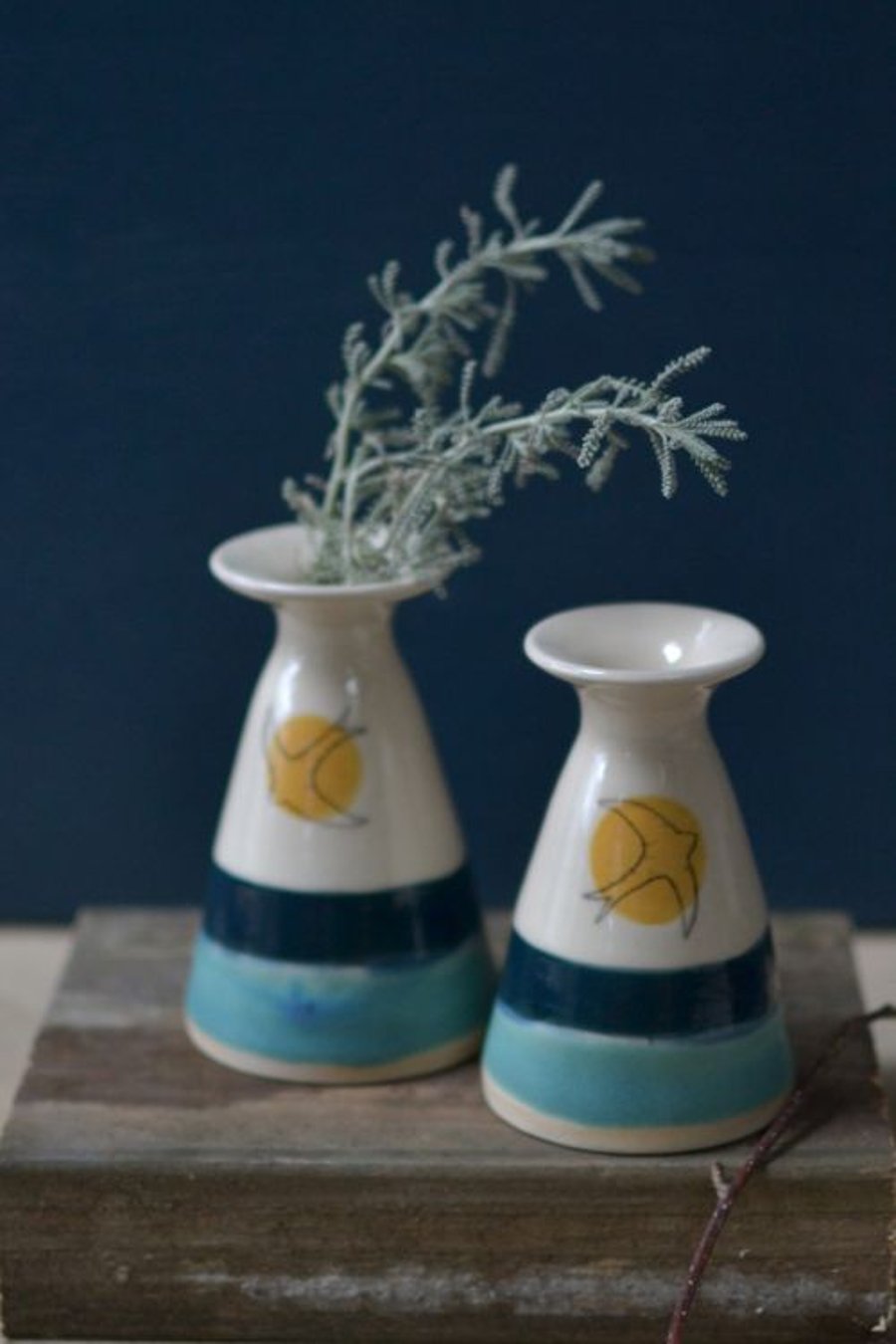 Handmade Ceramic Flared bud Vase - decorated with a golden sun and Swift