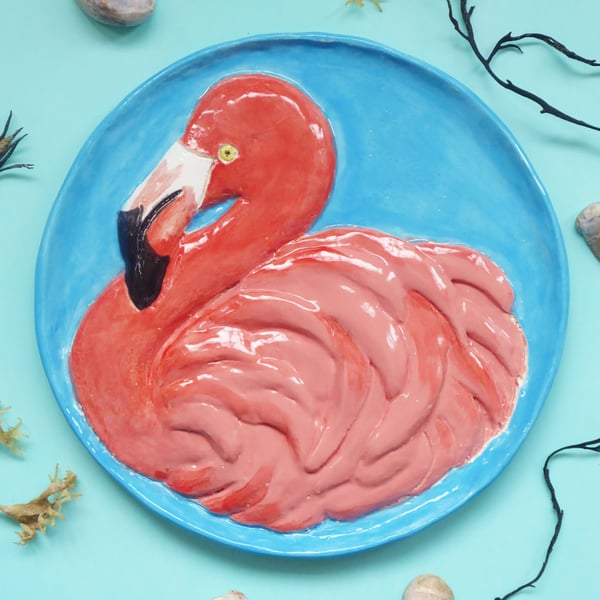 Flamingo Ceramic Plate - Hand Sculpted - by Jacqueline Talbot Designs