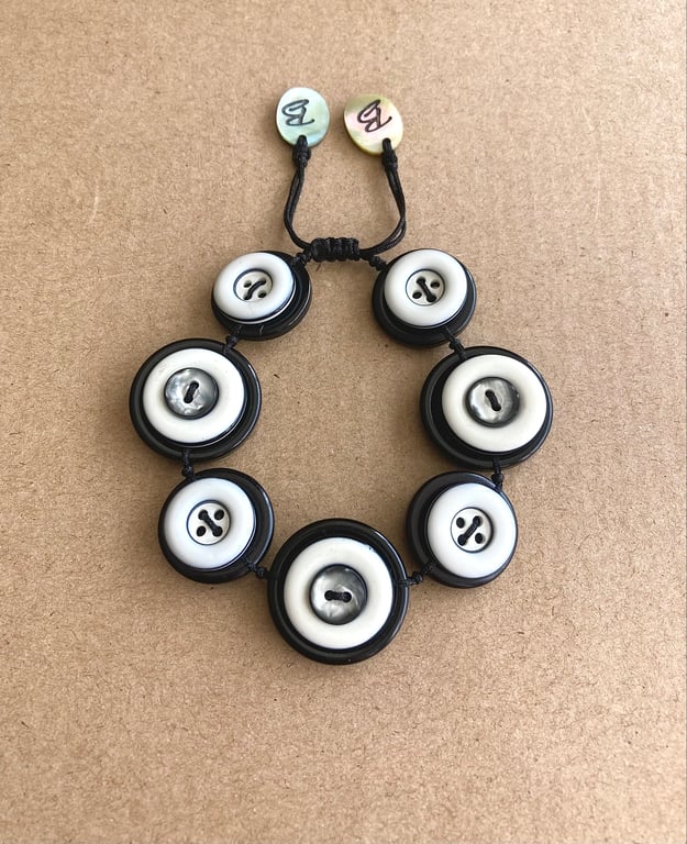 Black and White Colour Theme - Vintage Button Adjustable Handmade  Bracelet 