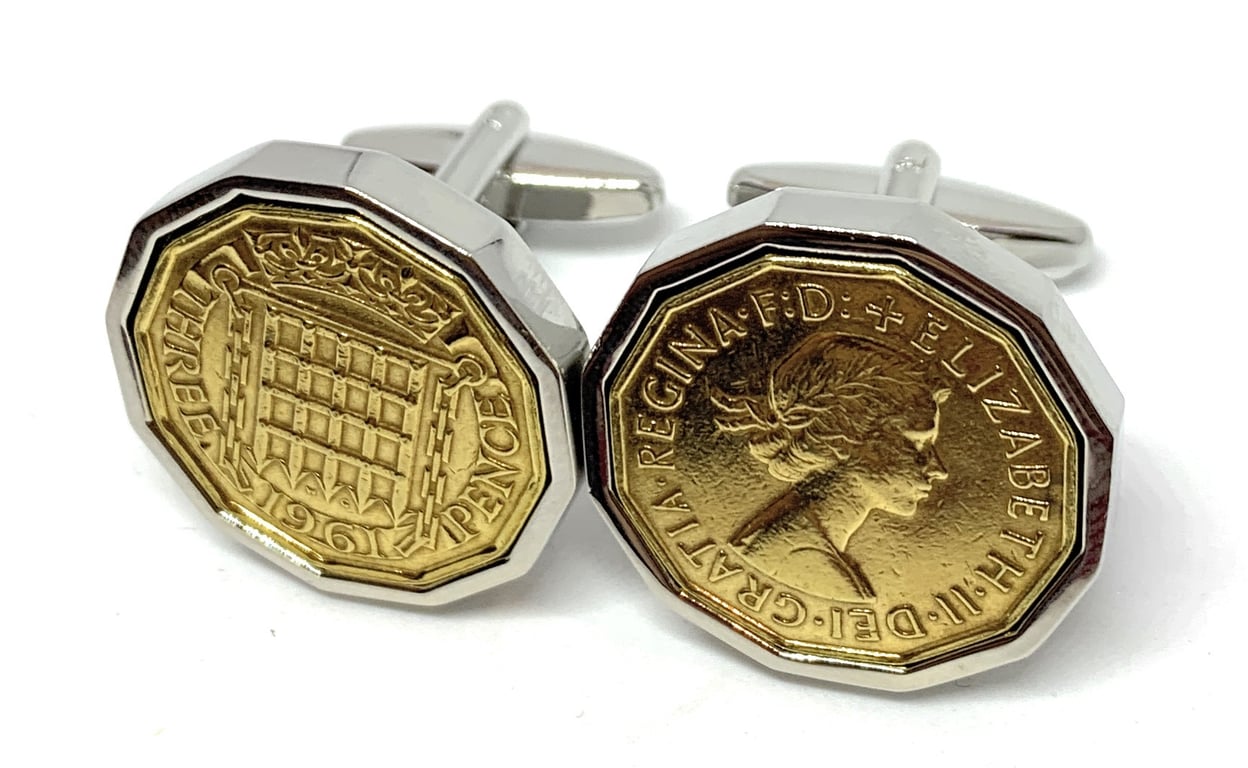 1961 Threepence 3d 65th birthday Cufflinks - Original 1961 threepence coin cuffl