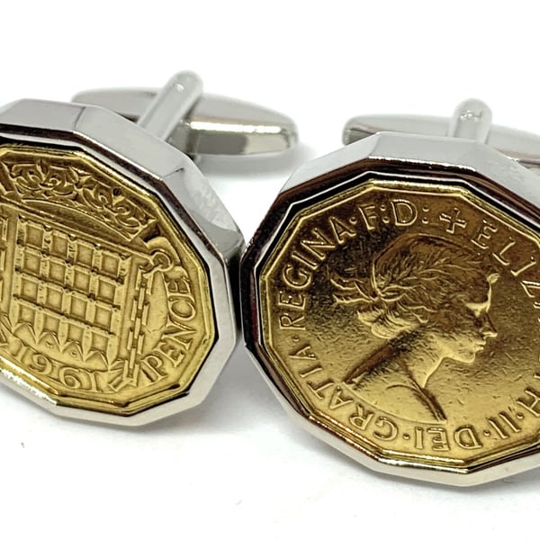 1961 Threepence 3d 65th birthday Cufflinks - Original 1961 threepence coin cuffl
