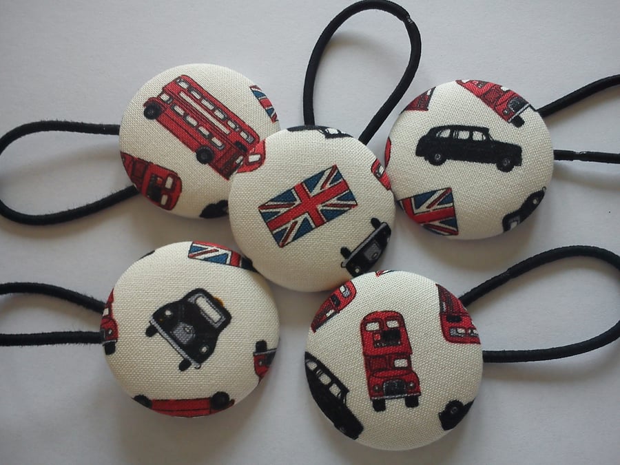 Iconic London button hair bobbles set of 5 union jack cab bus in gift tin