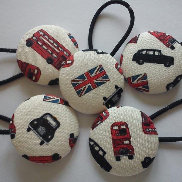 Iconic London button hair bobbles set of 5 union jack cab bus in gift tin