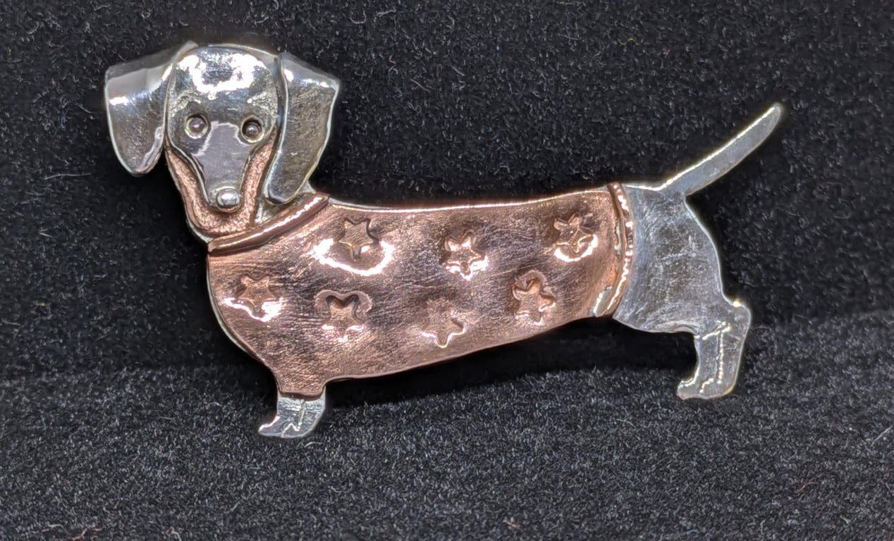 Sterling silver dachshund brooch, Sausage dog brooch