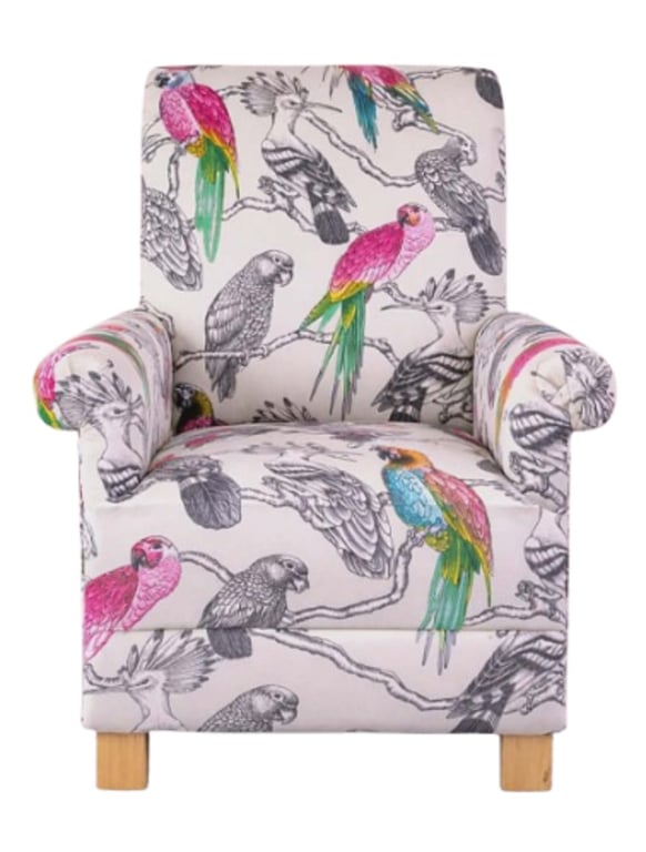 Aviary Garden Fabric Adult Chair Armchair Pink White Parrot Accent Small