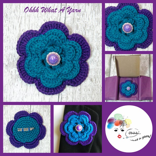 Crochet purple and teal flower brooch, crochet flower corsage, flower brooch