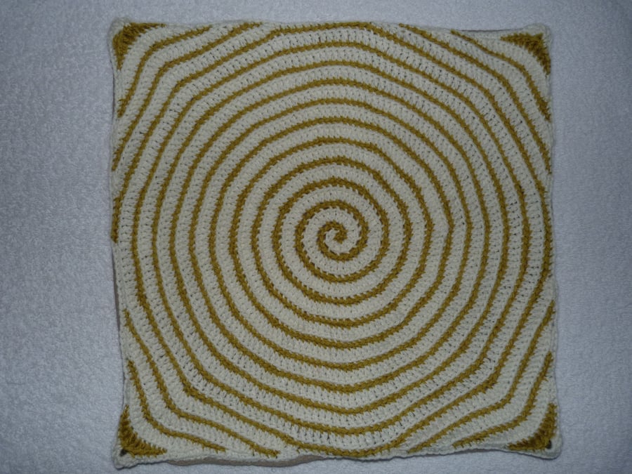 Spiral Crochet 16"  Cushion Cover with Upcycled  Button Back in Lime and Cream