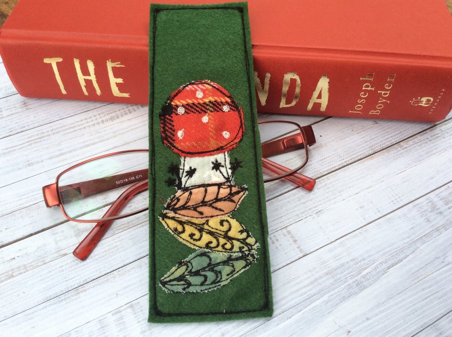 Embroidered up-cycled mushroom bookmark. 