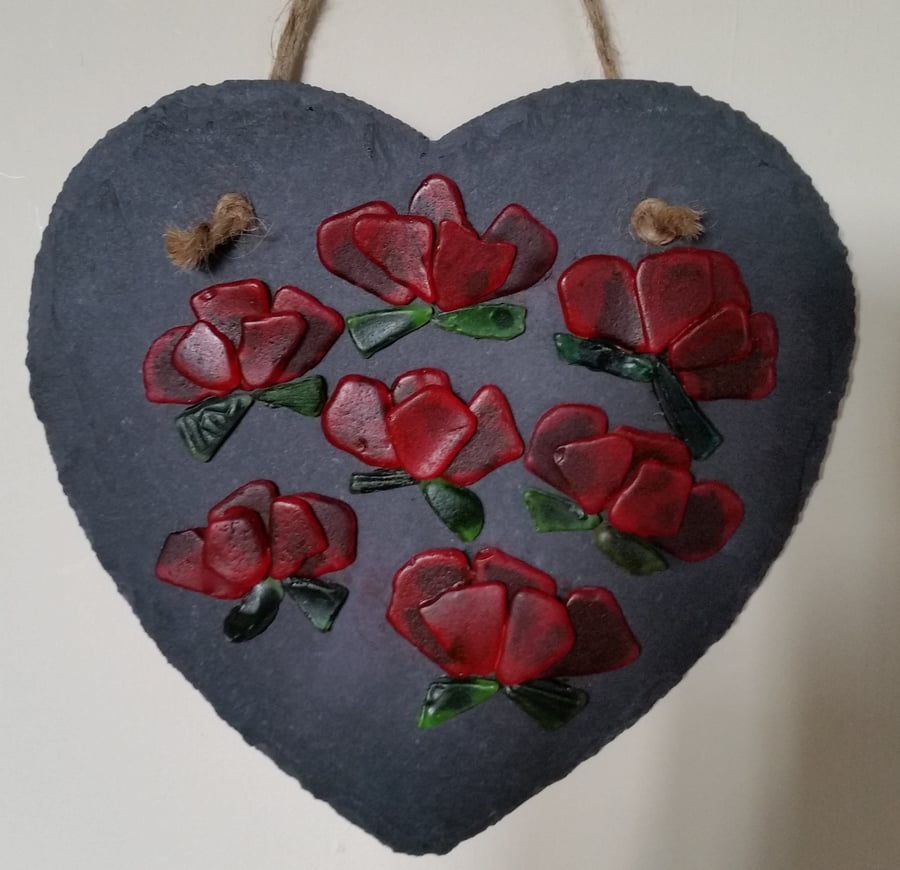 Mother's Day Gift, Birthday Gift, Anniversary, Sea Glass Poppies Slate Heart, 