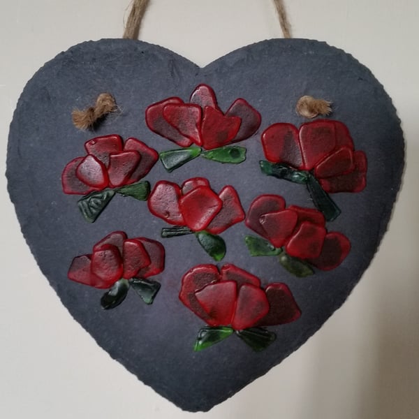 Mother's Day Gift, Birthday Gift, Anniversary, Sea Glass Poppies Slate Heart, 