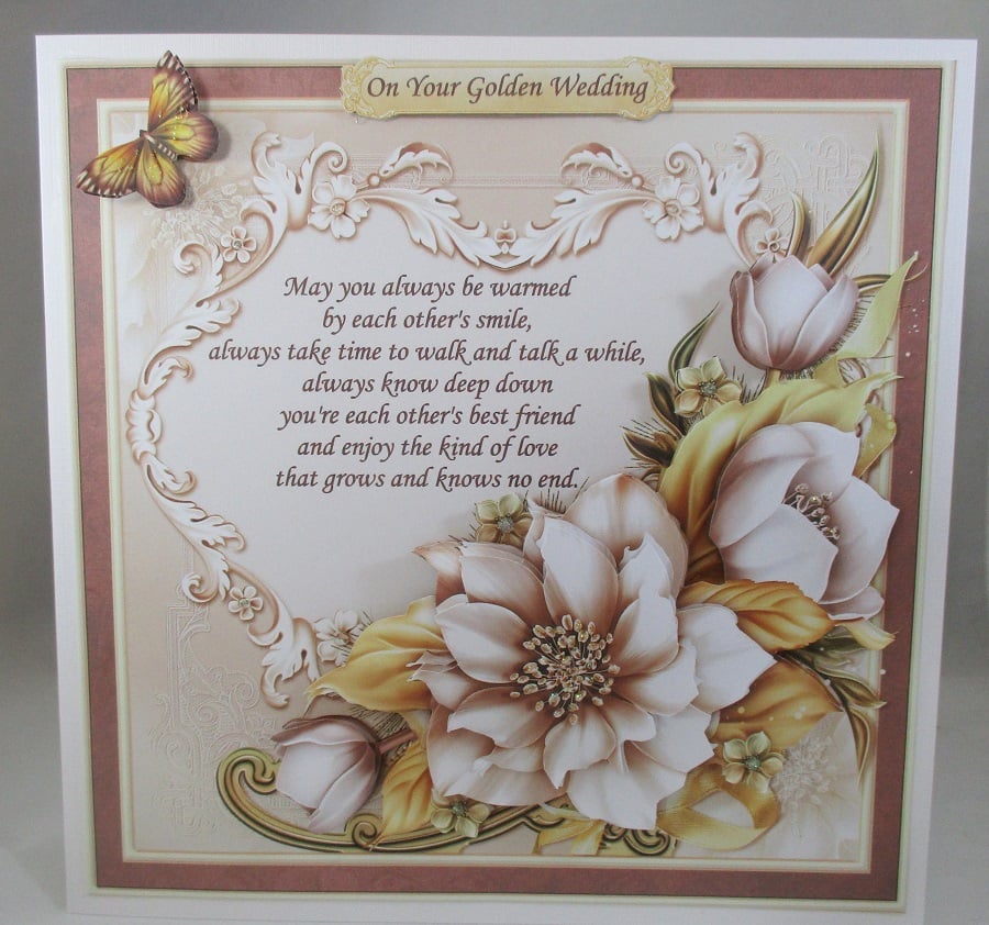 Decoupage,3D Large Golden, Diamond Anniversary Card,Floral, Personalise