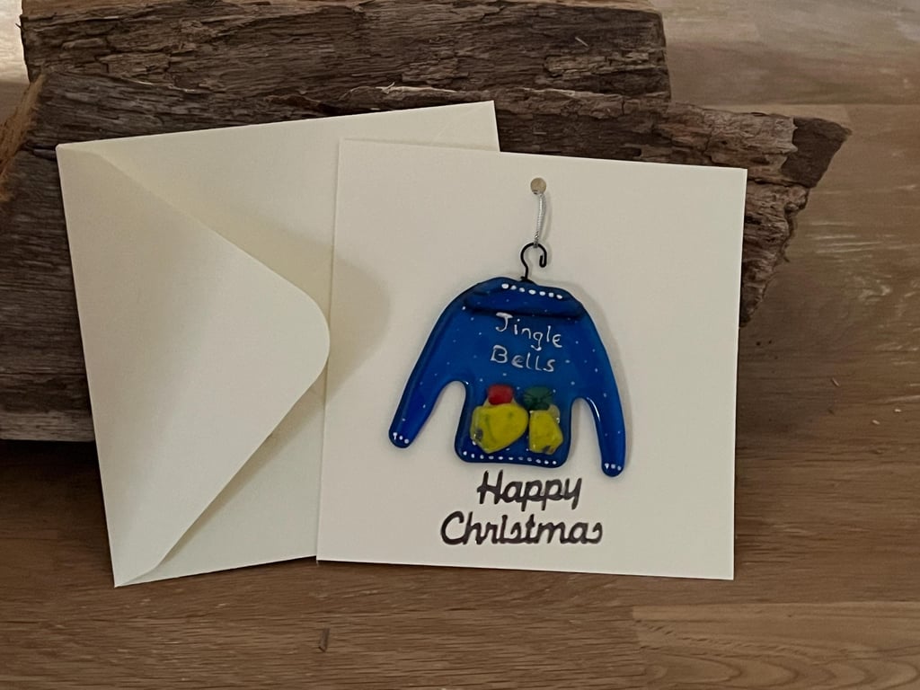 Handmade Detachable Keepsake, Fused Glass Festive Jumper Christmas Card