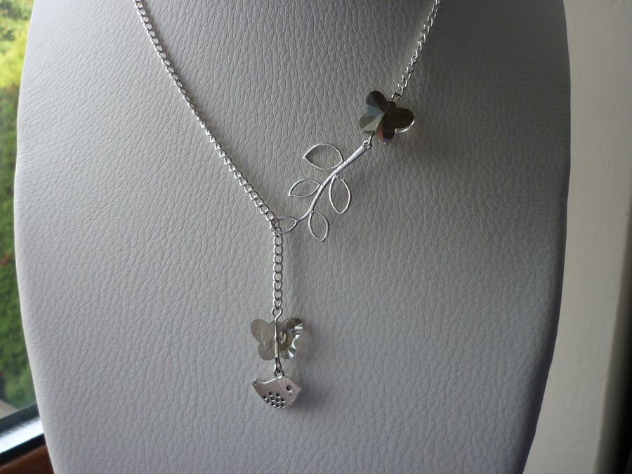 BLACK DIAMOND AND SILVER, BUTTERFLY AND BIRD LARIAT DESIGN NECKLACE.  1061
