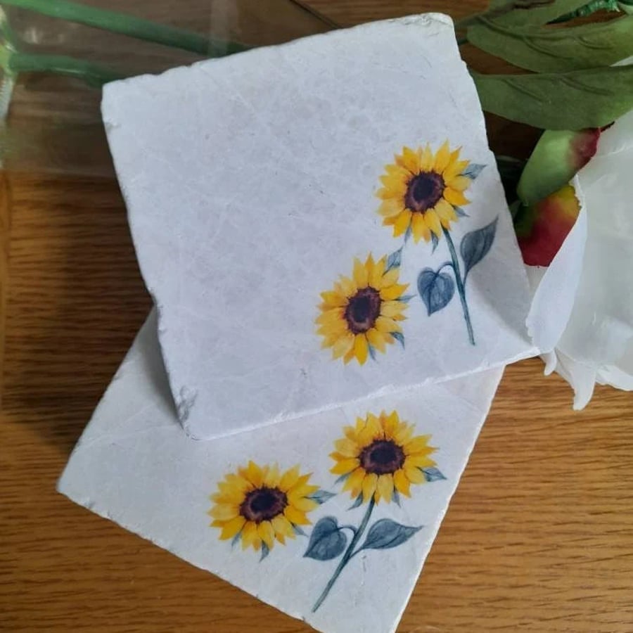 Sunflower Rustic Marble Coasters, Drinks Coasters, Set Of 4