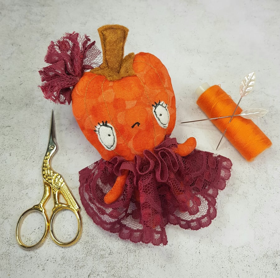Pumpkin Head Miniature Doll in Lace Dress