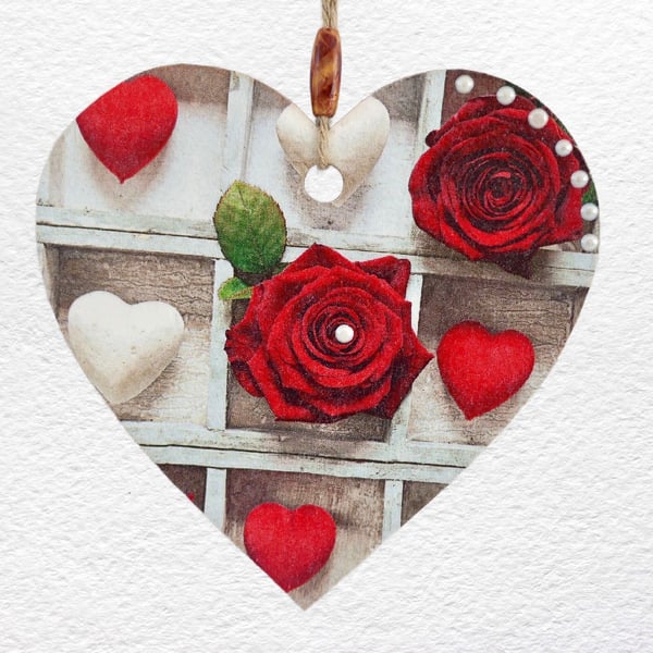 Decoupaged Wooden Hanging Heart 15cm (6"): Hearts and Roses design