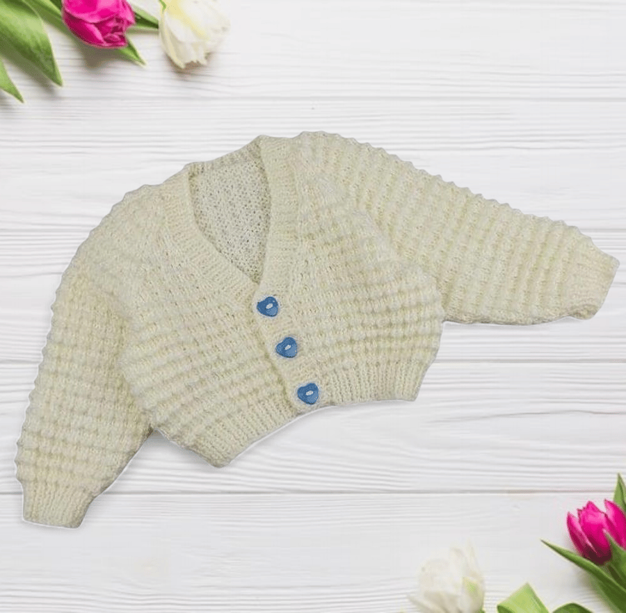 Hand Knitted Cream Baby Cardigan 0-3 Months with Blue Heart Buttons 