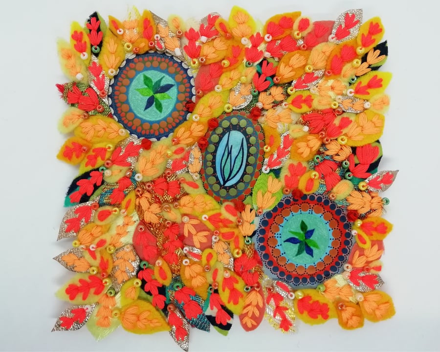 Small Autumnal Art. An Abstract Mixed Media Textile Picture in Orange and Green 