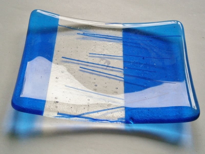 Blue fused glass soap dish
