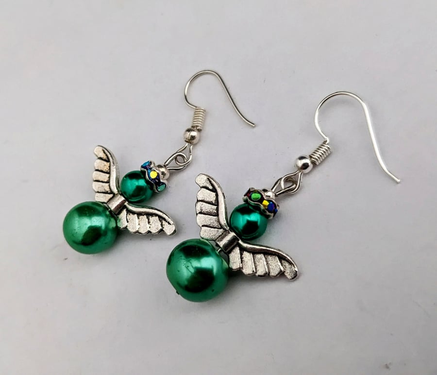 Green Christmas angel earrings