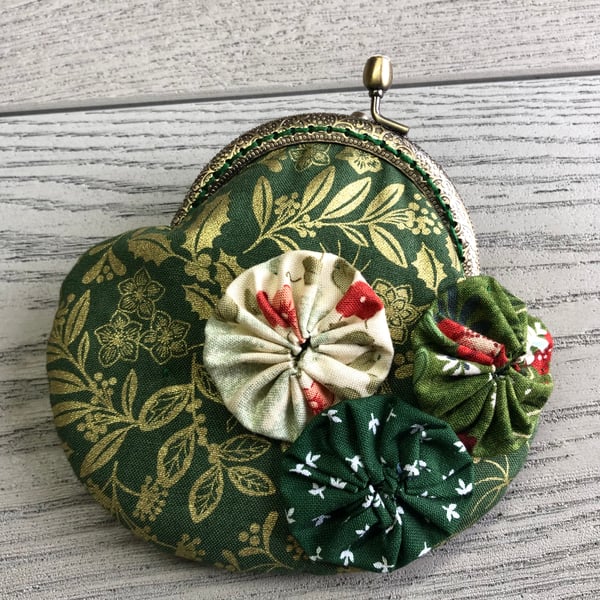 Green & Gold Festive Themed Fabric Clasp Coin Purse with Suffolk Puff Decoration
