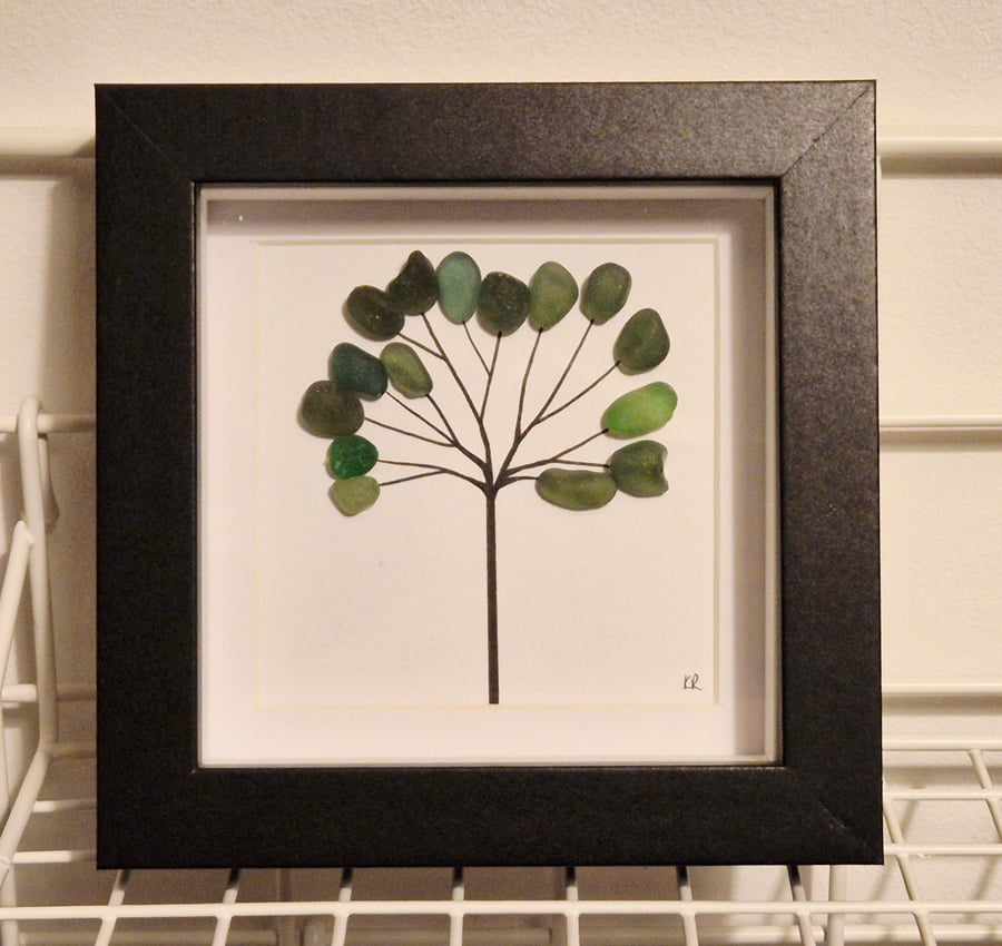 Simple little seaham seaglass tree sea glass in black box frame 