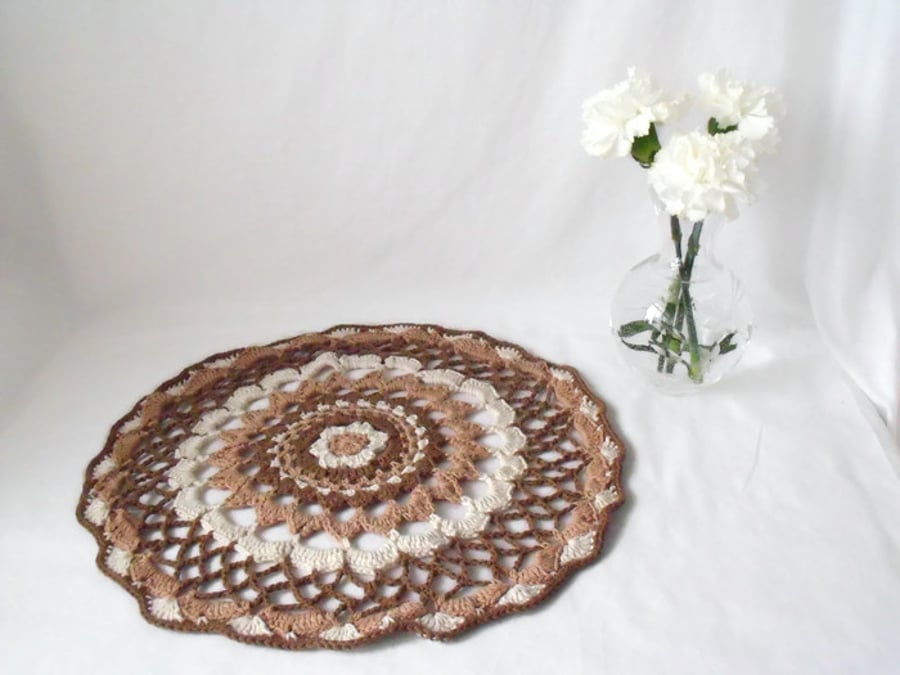 beige cotton crocheted doily, crochet candle mat or lamp stand.