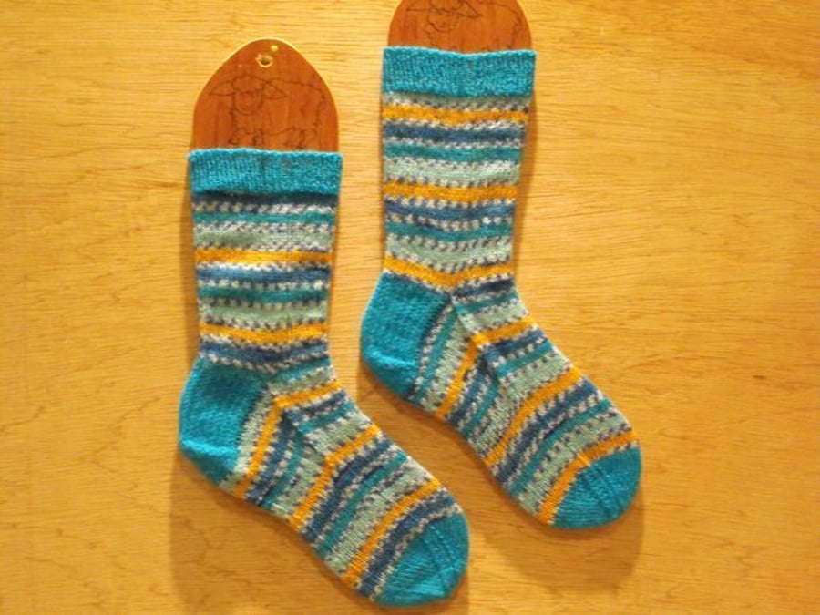 Hand knitted socks, KINGFISHER, MEDIUM, size 5-7