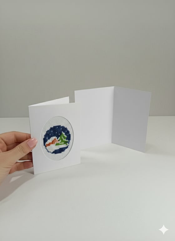 Small Cross Stitch Card – Cosy Home and Tree in Snow