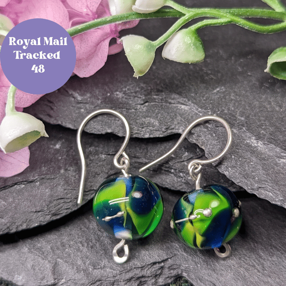 Green and blue swirl lampwork earrings