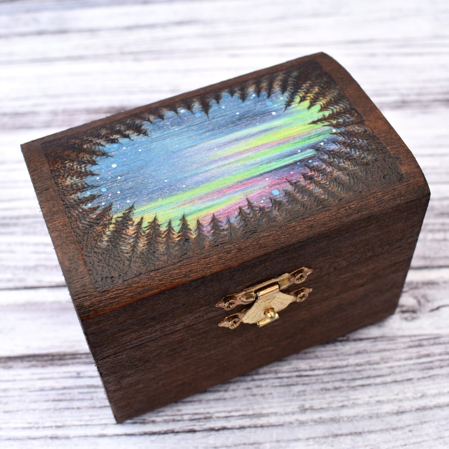 SALE Northern Lights in a forest sky, small rustic wooden felt lined chest
