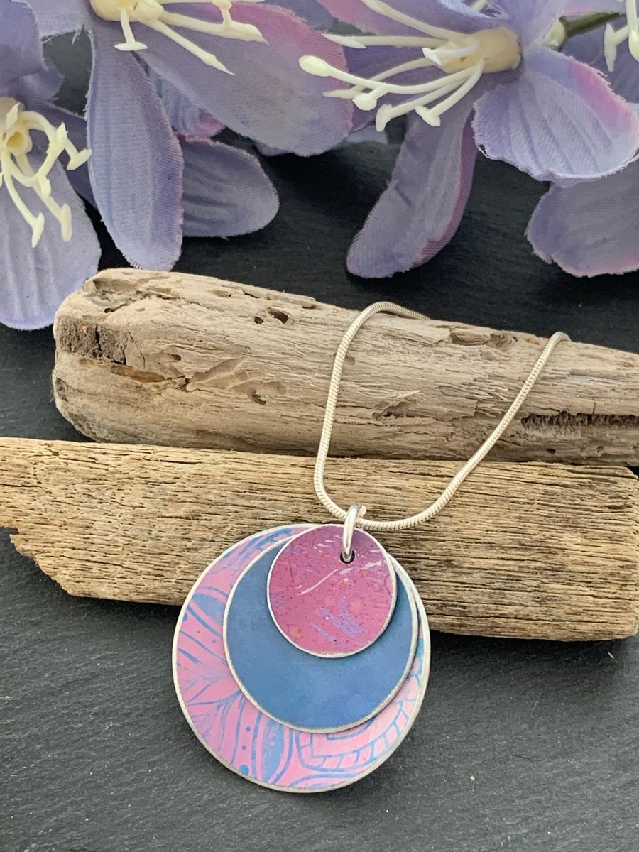Hand Painted Aluminium Pendant, Pink, Lilac and Purple