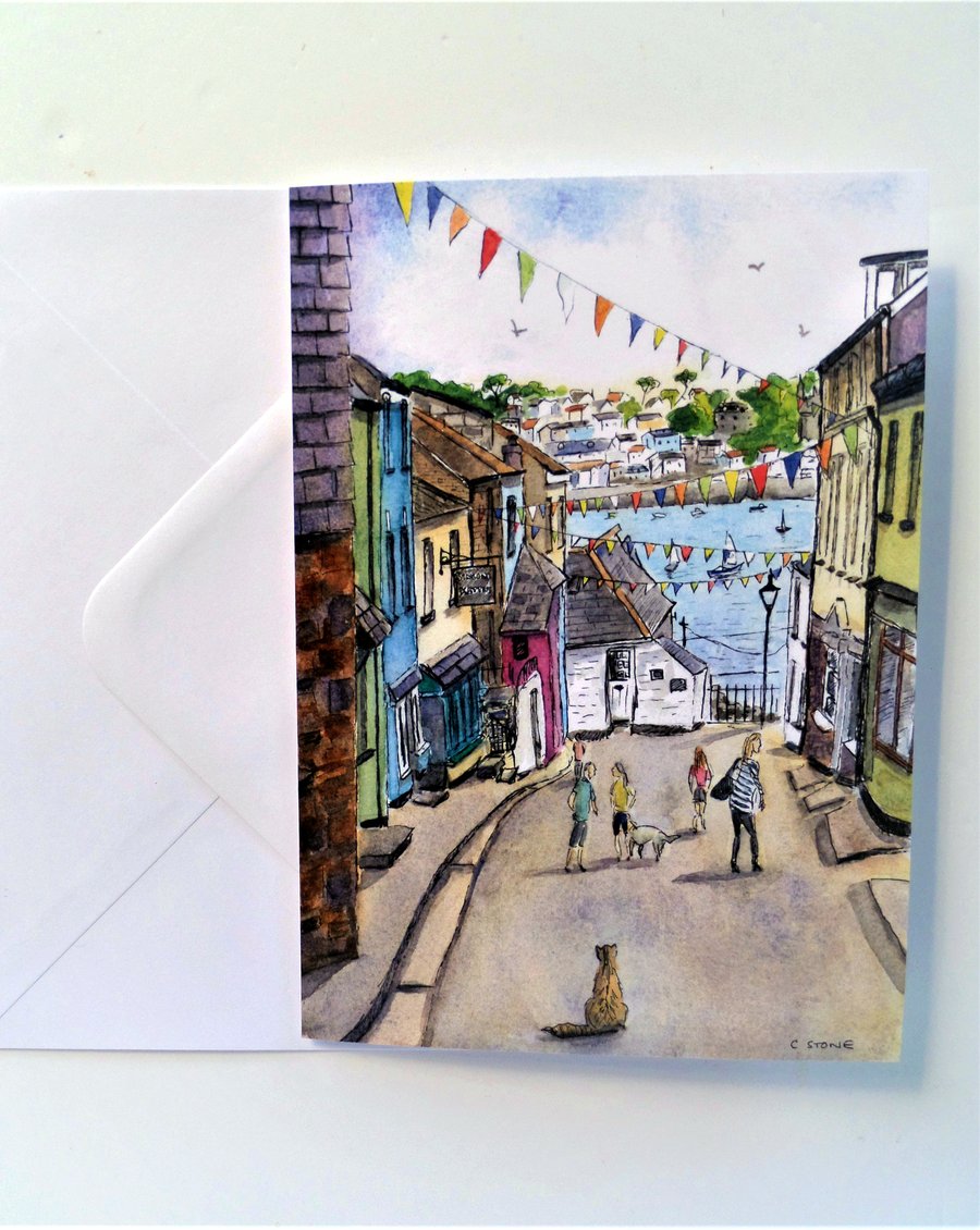 Blank A5 greetings card, Polruan Cornwall, from original watercolour painting. 