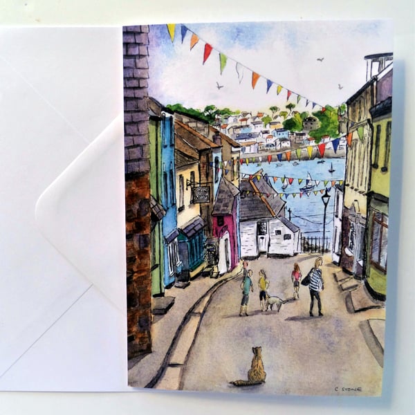 Blank A5 greetings card, Polruan Cornwall, from original watercolour painting. 