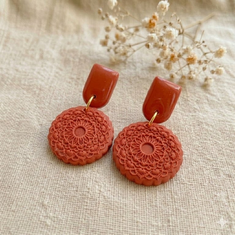 Terracotta boho earrings, Geometric polymer clay, Boho gift for her