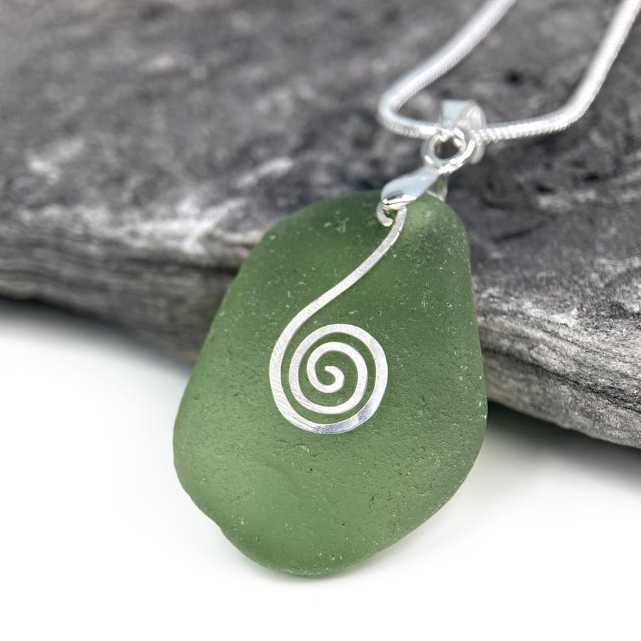 Sea Glass Pendant - Green Beach Glass - Scottish Silver Handmade Celtic Necklace