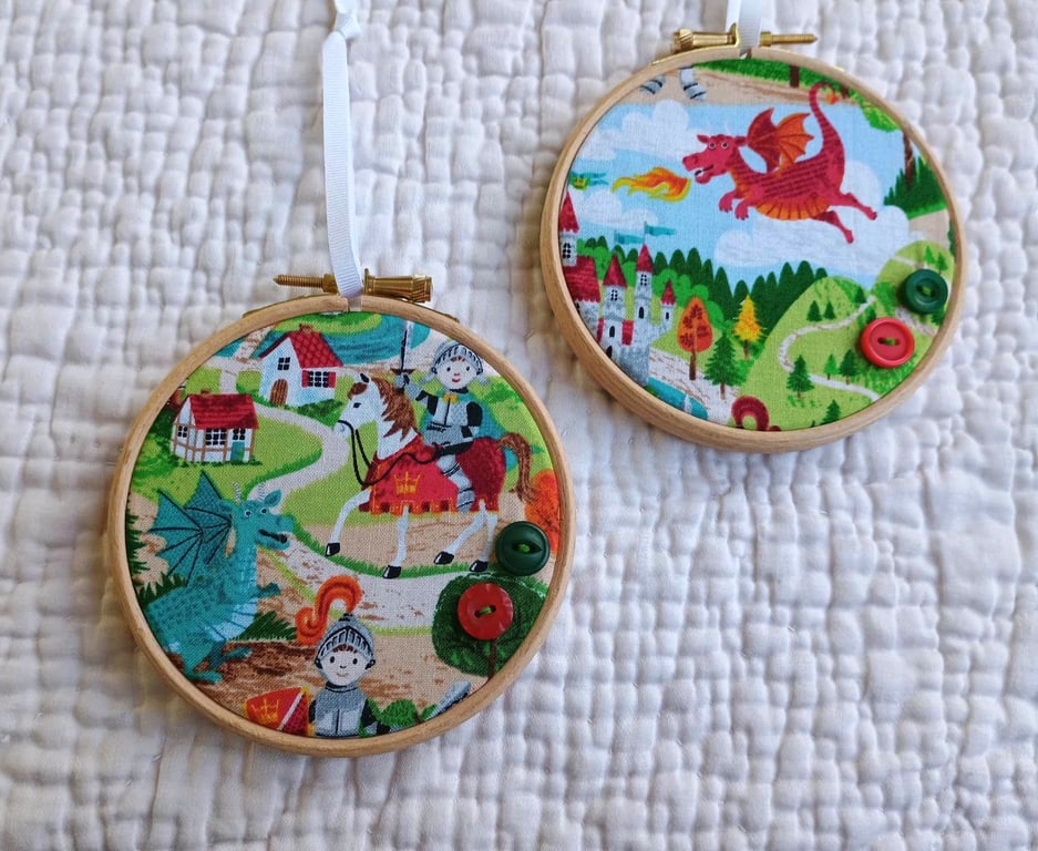 Dragon village fabric picture - kids nursery decor mini hoop